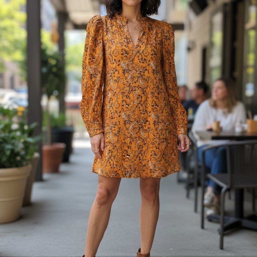ANNA CATE  Elegant Long Sleeve Paisley Dress in Orange